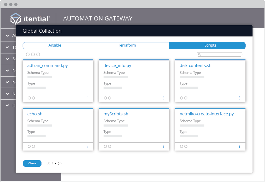 IAG-Global Collections screenshot of itential automation gateway with a card view of available scripts from ansible, terraform, and python