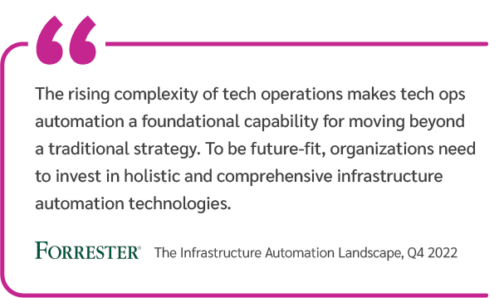 The rising complexity of tech operations &ldquo;makes tech ops automation a foundational capability for moving beyond a traditional strategy. To be future-fit, organizations need to invest in holistic and comprehensive infrastructure automation technologies.&rdquo;