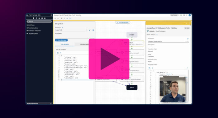Itential Canvas demo showing debug mode and mock data for testing automation workflows without live systems.