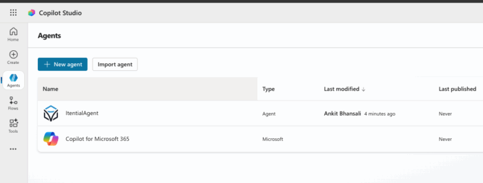 Microsoft Copilot Studio Agents dashboard showing options to create a new agent and an example ItentialAgent entry. Used in a step-by-step guide demonstrating how to open Copilot AI Studio and build an Infrastructure Assistant agent.