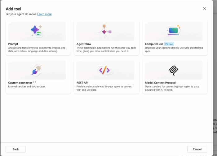 Microsoft Copilot Studio &lsquo;Add Tool&rsquo; interface for Itential MCP demonstration, displaying six tool options: Prompt, Agent Flow, Computer Use, Custom Connector, REST API, and Model Context Protocol. This screen appears when configuring an agent to connect with external systems or MCP servers for infrastructure-aware operations.