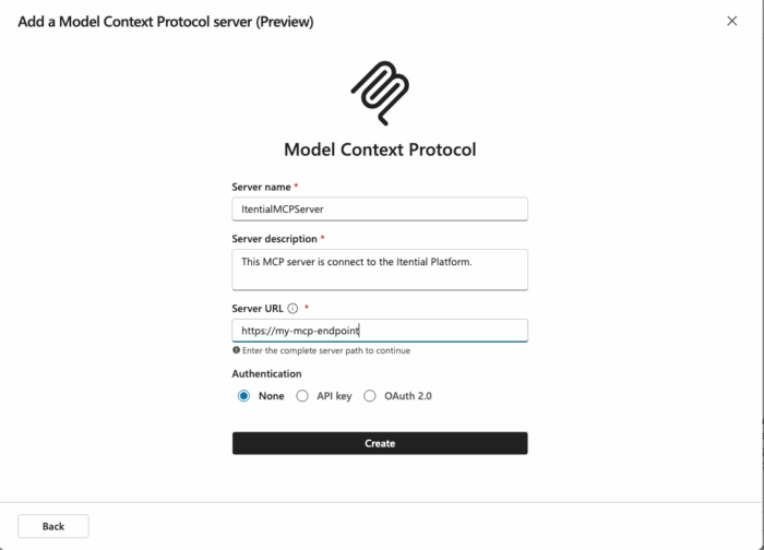 Copilot Studio&rsquo;s Model Context Protocol setup form, showing fields for server name, description, server URL, and authentication options when adding an MCP server such as the Itential MCP Server.