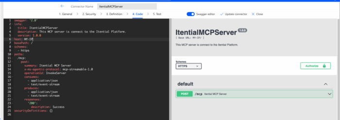 Copilot Studio interface showing the Swagger editor for an MCP connector named Itential MCP Server. The left panel contains the YAML definition, including server host, paths, and the /mcp POST operation, while the right panel previews the generated API documentation. This step demonstrates validating and updating the MCP server definition used by the Copilot agent.