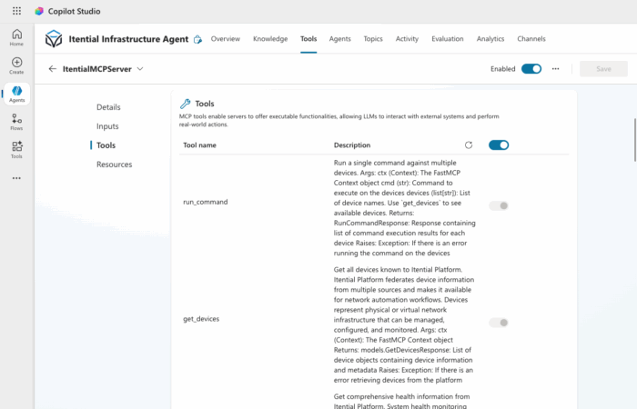 Microsoft Copilot Studio showing the Itential Infrastructure Agent with MCP tools automatically discovered from the Itential MCP Server, including run_command, get_devices, and other infrastructure automation capabilities.