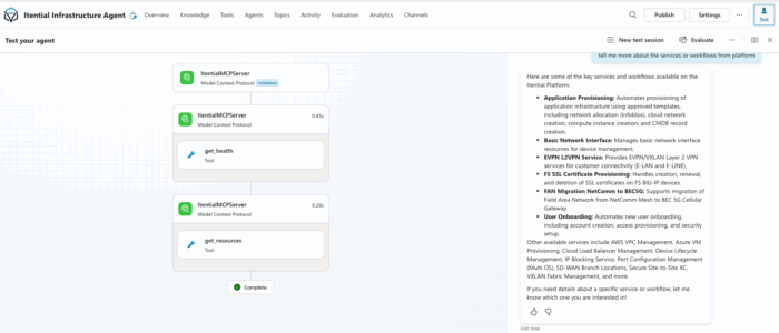 Copilot Studio interface showing the Itential Infrastructure Agent running Model Context Protocol (MCP) tools&mdash;executing get_health and get_resources calls&mdash;to demonstrate how the agent retrieves platform health and infrastructure resource data during testing.