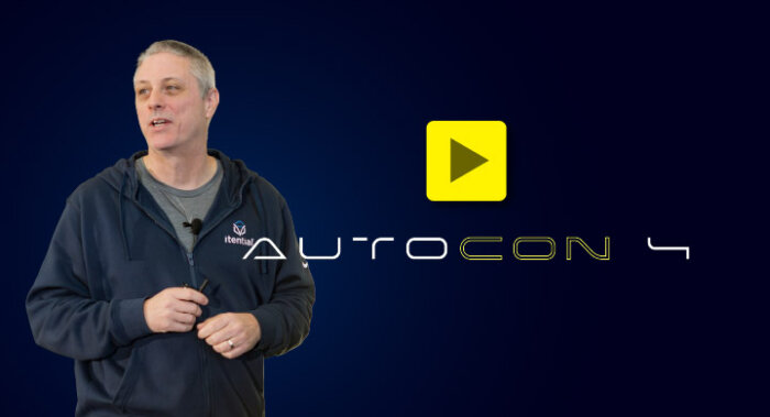 Image at AutoCon 4 session titled &lsquo;The Operating Model for AI Infrastructure,&rsquo; featuring Peter Sprygada, Chief Architect at Itential, explaining how agentic AI, deterministic workflows, and governance combine to form a safe operating model for infrastructure automation.