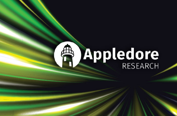 Appledore Research logo with green streaking light trails, cover for a report on accelerating through orchestration