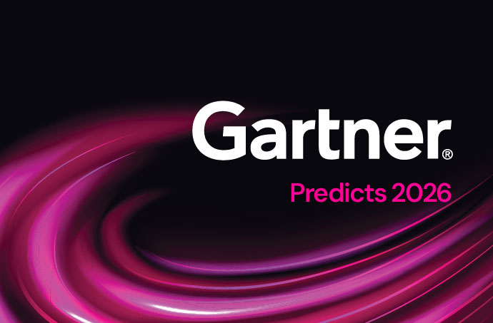 Gartner Predicts 2026 report cover with swirling pink light trails