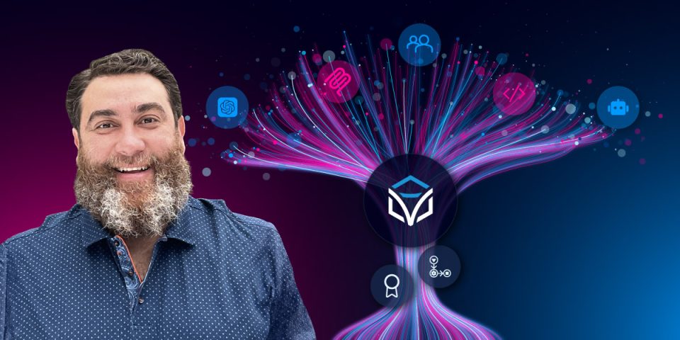 Smiling man beside an Itential icon with network orchestration graphic