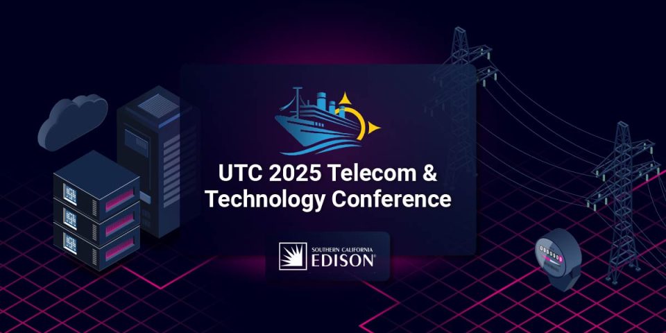 Graphic for the UTC 2025 Telecom & Technology Conference with power lines and SCE logo
