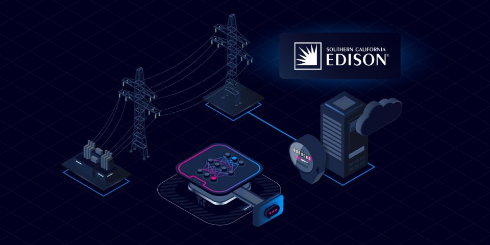 Illustration of power grid infrastructure and cloud automation with SCE logo