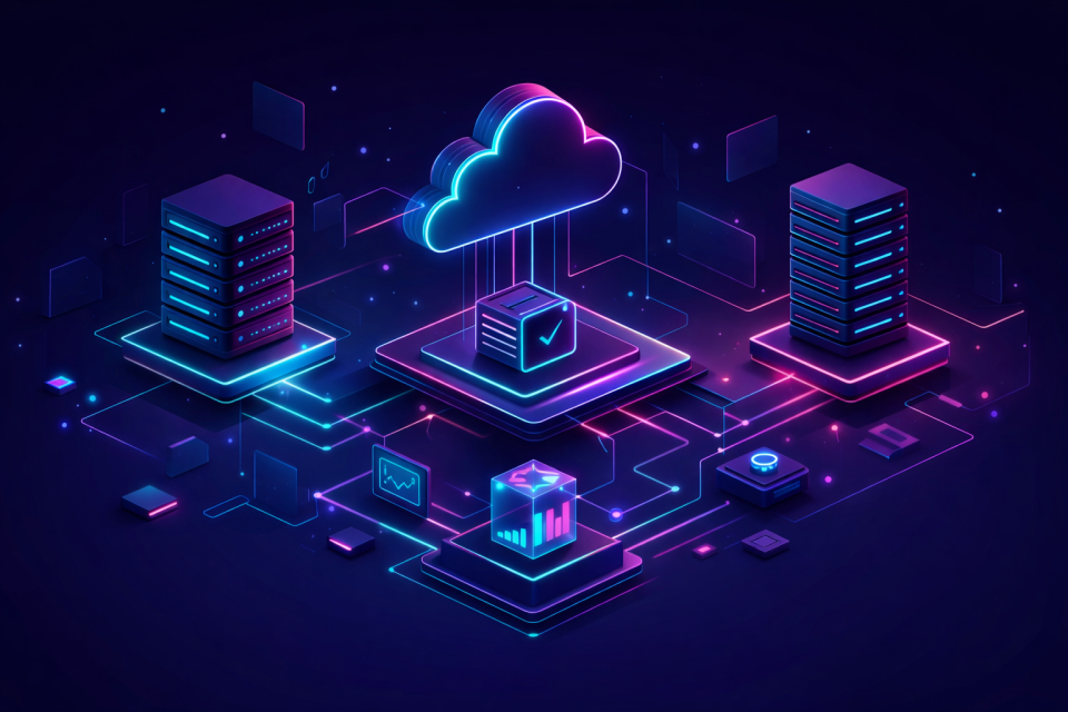 Isometric illustration of cloud computing with servers, data checks, and analytics