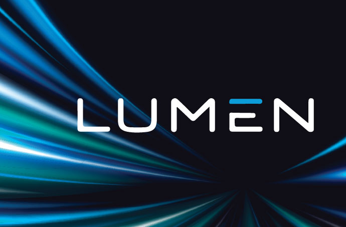 Lumen logo over streaking light trails, cover for a customer story on network transformation