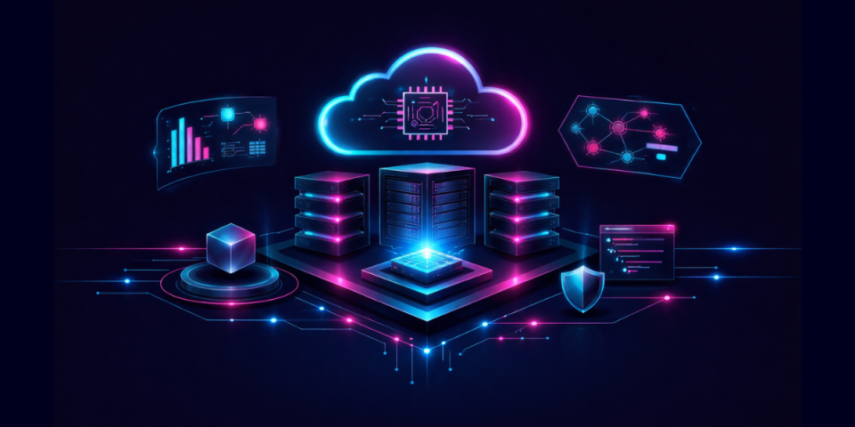 Illustration of a secure cloud data center core connected to analytics, network, and security icons