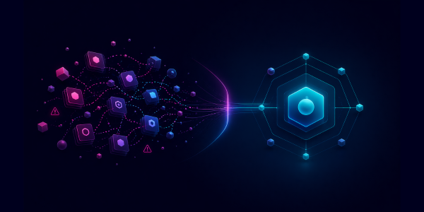 Illustration of scattered AI agent nodes converging into one organized hexagon structure