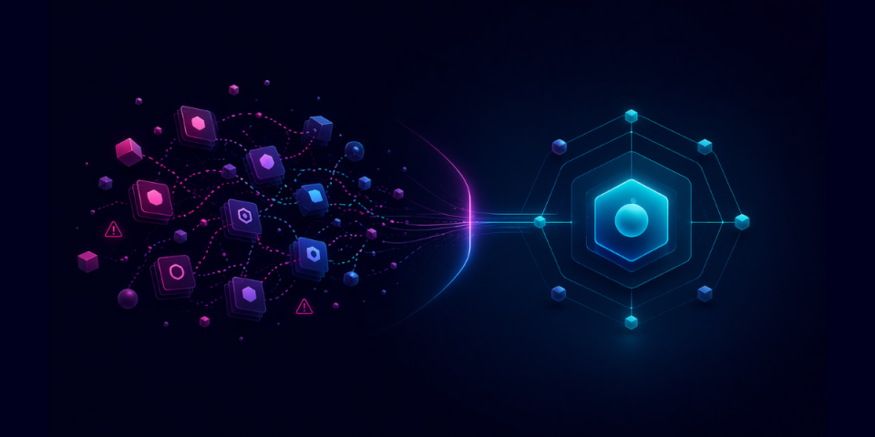 Illustration of scattered AI agent nodes converging into one organized hexagon structure