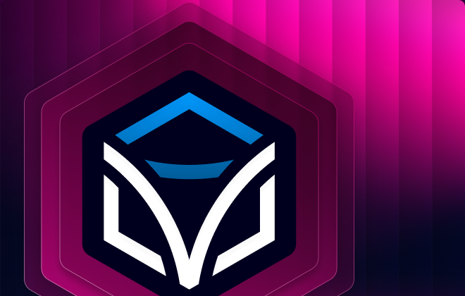 Itential brand mark on a pink gradient hexagon background