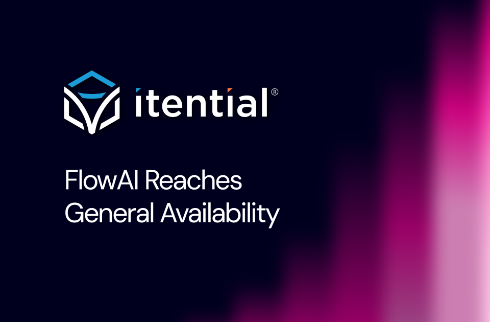 Itential logo with text announcing FlowAI reaches general availability